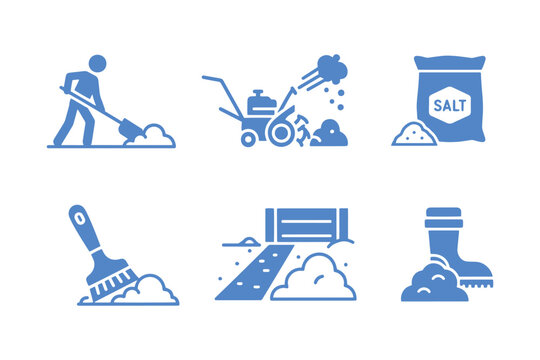 Minimalist blue line icons set for snow removal in winter: shovel, snowblower, salt, broom, road, boots — ideal for winter safety, road maintenance and seasonal services content.