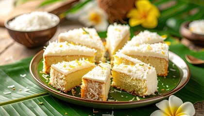 Delicious Coconut Cake Slices with White Frosting and Shredded Coconut Topping on a Banana Leaf Base with Tropical Flowers