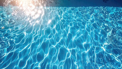 Crystal Clear Blue Swimming Pool Water Surface with Bright Sunlight Reflections and Tile Bottom Abstract Background