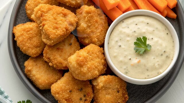 Kids food allergy friendly. Crispy Fried Chicken Nuggets with Carrot Sticks and Creamy Dipping Sauce on Plate, Garnished with Parsley