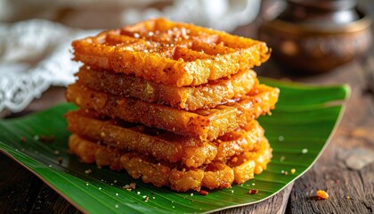 Golden Brown Rectangular Fried Sweet Pastries Stacked on a Vibrant Green Banana Leaf With a Dark Wooden Background and Rustic Charm