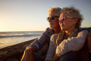 Mature couple relaxing in a wooden boat at sunset, wearing sunglasses and scarves as they gaze toward the ocean, sharing a peaceful seaside moment