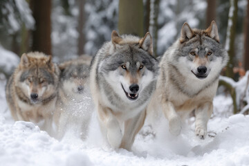 Fototapeta premium Wolves running through a snowy forest in winter during daylight hours