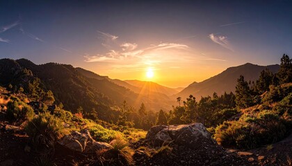 Golden Hour Sunbeams Illuminate Mountain Valley Landscape with Pine Trees and Jagged Rocks at Sunrise