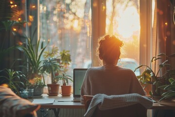 At sunset, a person works on a laptop surrounded by houseplants in a cozy home, creating a warm and inviting atmosphere
