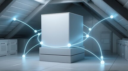 Abstract cube in a bright attic with glowing connections and data transfer
