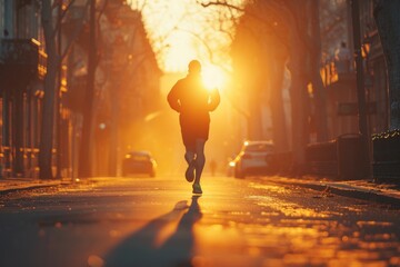 Runner enjoys a peaceful morning jog under the warm glow of sunrise in a quiet city street