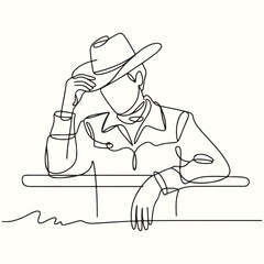 Minimalist Continuous Line Drawing of a Cowboy in a Hat, Leaning on a Railing, Capturing the Essence of the West