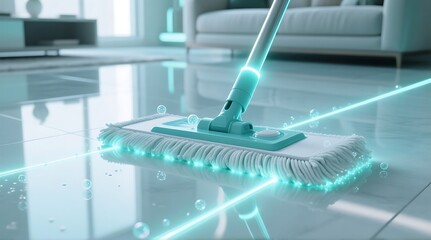 Mop cleaning floor with futuristic glowing lines and water droplets