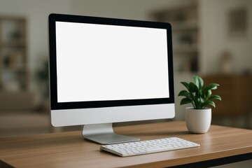 Fototapeta premium Modern desktop computer with blank screen and wireless keyboard on wooden desk with green potted plant in cozy home office interior setting concept. Ai generative