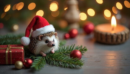 Christmas hedgehog wearing Santa hat with decorations and candle  