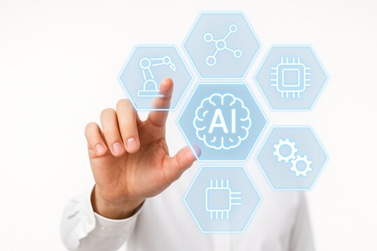 Hand interacting with futuristic AI interface featuring icons of robotics, neural networks, and microchips on hexagonal panels over white background. Ai generative