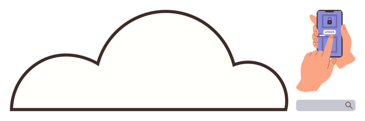 Large cloud outline emphasizes storage concept. Hands hold a phone displaying a locked screen and a password input. Ideal for data security, cloud computing, digital privacy, mobile access, online