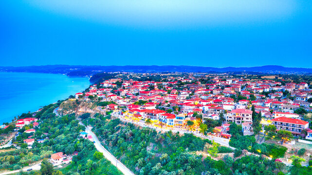 Aerial panoramic view of Afitos village and blue sea in Halkidiki, Greece