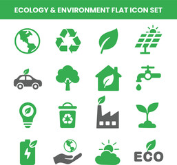 Flat ecology and environment icon set. Green energy, recycling, and sustainability symbols including solar panel, electric car, leaf, and earth icons. Modern eco vector collection for nature 