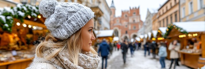 Charming winter market scene during holiday days, tourist girl shopping in Krakow old town, Poland.