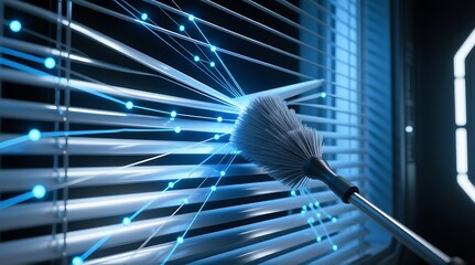 Dusting blinds with a duster and blue glowing lines in a dark room