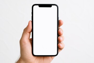 Close-up of male hand holding modern smartphone with blank white screen on white background, ideal for app or website technology concept mockup. Ai generative