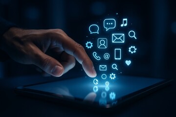 Futuristic concept of digital interaction with social media and app icons glowing above a tablet screen in a dark environment at night time. Ai generative
