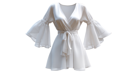 White flowy sheer sleeve wrap dress with tie waist