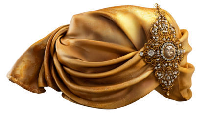 Luxurious Golden Turban Adorned with Jeweled Brooch