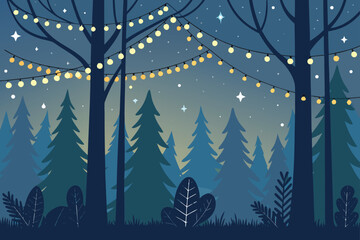 Enchanted night forest illuminated by festive Christmas lights.
