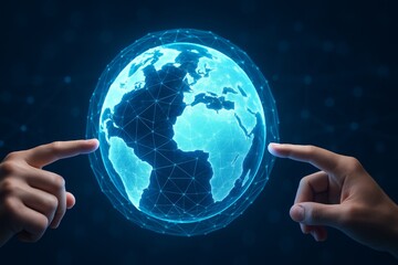 Two hands interacting with glowing digital Earth hologram showing global network technology concept on dark background with futuristic design elements. Ai generative