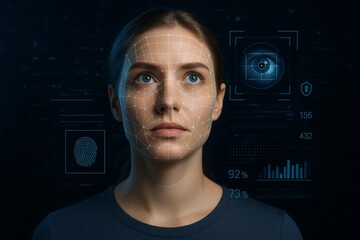 Woman with biometric facial recognition interface and futuristic HUD elements on dark background representing identity verification technology concept. Ai generative