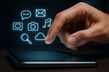Human hand interacting with glowing holographic app icons above digital tablet screen in futuristic technology interface concept on dark background. Ai generative