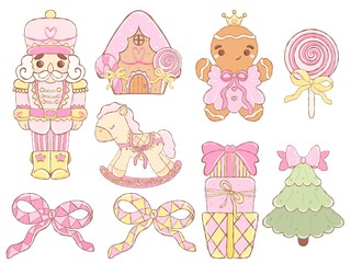 Cute Sweet Nutcracker Christmas Clipart Set – Pastel Coquette Holiday Gingerbread, Candy, Bows, Gifts, Rocking Horse, Digital PNG Bundle for Scrapbooking and Crafts