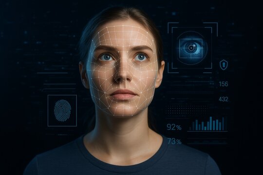 Woman with biometric facial recognition interface and futuristic HUD elements on dark background representing identity verification technology concept. Ai generative