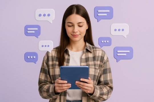 Young woman using digital tablet with chat bubbles around her, symbolizing social messaging and communication technology concept on purple background. Ai generative - Powered by Adobe