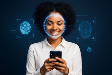 Woman using facial recognition and biometric technology on smartphone with digital security icons on dark background, showcasing identification concept. Ai generative
