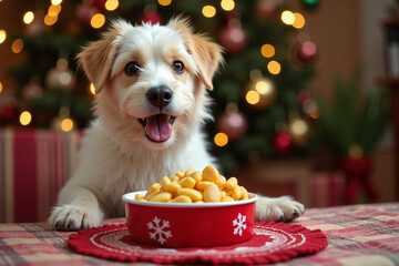 Happy puppy sitting at table with bowl of treats during Christmas  