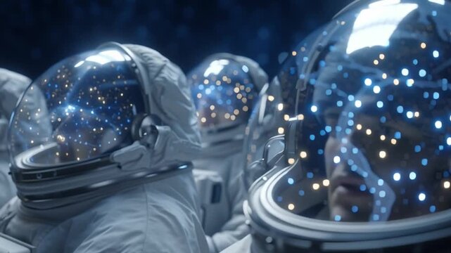 Cosmic Explorers: A close-up shot of a team of astronauts, immersed in the ethereal beauty of space, their visors reflecting a universe of stars and galaxies.