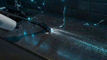 A handheld vacuum cleaner is cleaning a dark countertop with blue lights