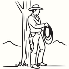 Minimalist continuous line art depicting a cowboy on a resting horse, a symbolic representation of Western spirit and traditional horsemanship
