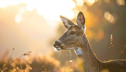 Close-up of a deer's head illuminated by warm golden hour sunlight with dappled bokeh background and tiny water droplets on its fur