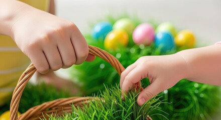 Children's hands reach for colorful Easter eggs in basket, anticipation grows