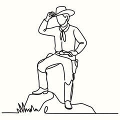Elegant continuous line drawing of a cowboy, hat in hand, standing on a rock, embodying the spirit of the western frontier