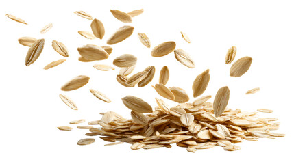 Flaky oats pouring onto a pile of grains