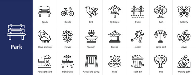 Park vector icon set with outdoor recreation, nature, and public garden concepts