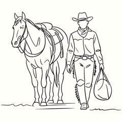Cowboy Walking with His Horse Vector Illustration