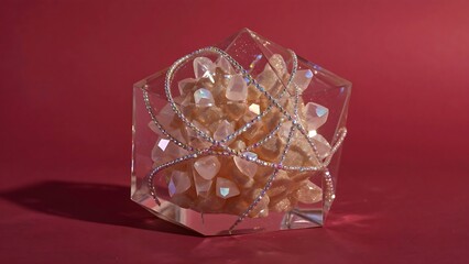 Abstract crystal sculpture with golden details on a red background