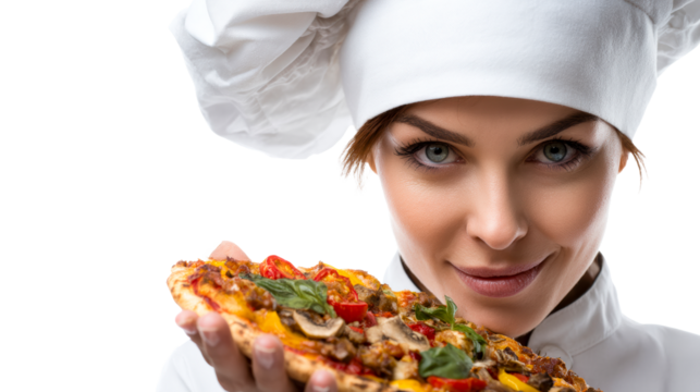 Skilled chef presents fresh pizza slice with vibrant toppings