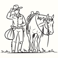 Line art illustration of a classic American cowboy tipping his hat while standing proudly next to his saddled horse