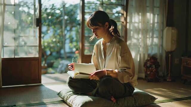 Young Woman Writing Journal at Home, Serene Morning Light