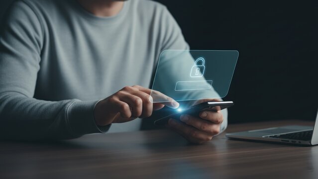 A man tapping on a smartphone with holographic padlock password interface glowing in blue tones, symbolizing email verification and email secure access