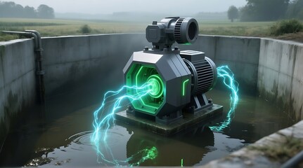 Electric pump in water with green energy flowing through the system