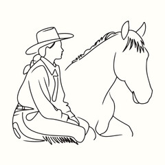 Line art illustration of a cowgirl and her horse, showcasing a classic western equestrian scene
